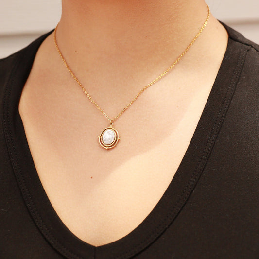 18K Gold PVD Stainless Steel Roped Frame Oval Semi Precious Stone Charm / PDL0119