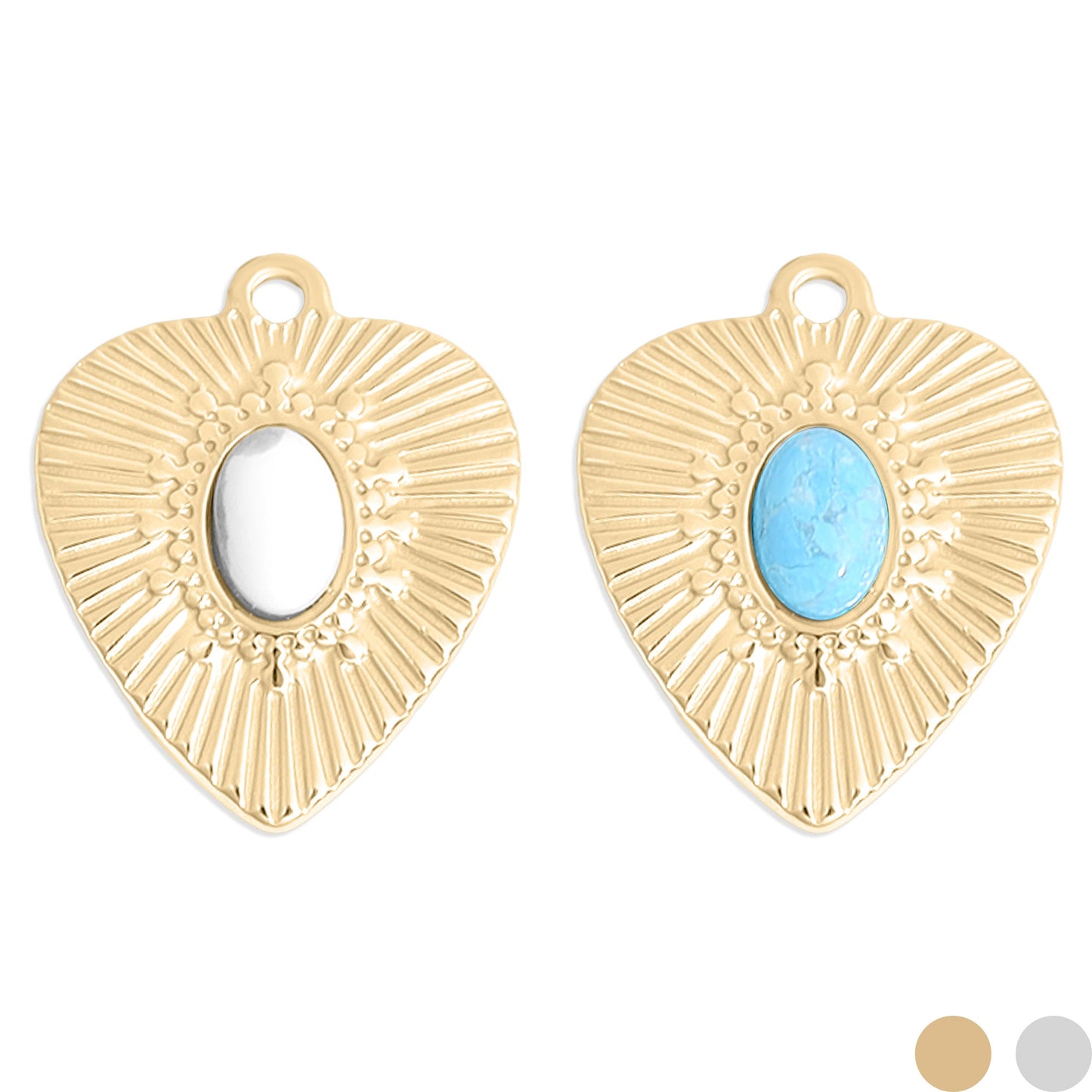 18K Gold PVD Stainless Steel Sunburst Heart Semi Precious Stone Charm / PDL0120