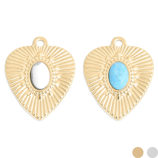 18K Gold PVD Stainless Steel Sunburst Heart Semi Precious Stone Charm / PDL0120